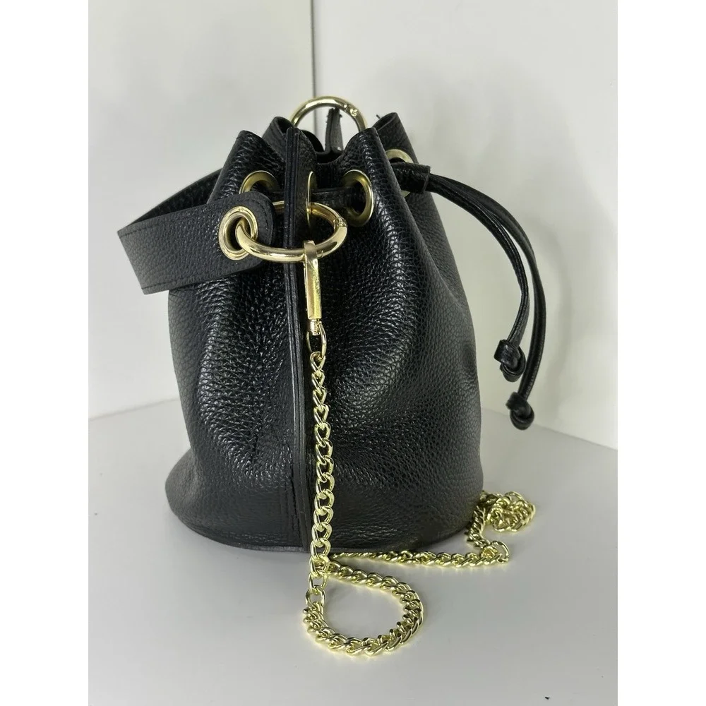 Anna Paola, Bucket Bag Black Pebbled Leather Drawstring Gold Chain Made In Italy